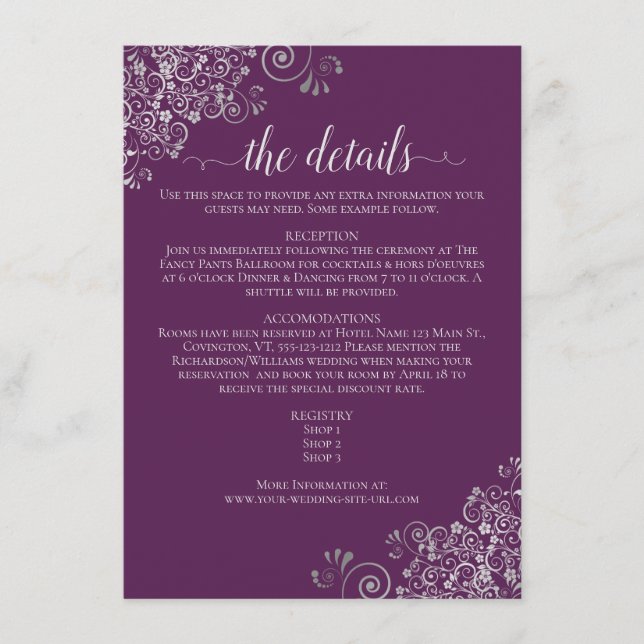 Carte D'accompagnement Détails de mariage Violet prune élégant Boucles d' (Devant)
