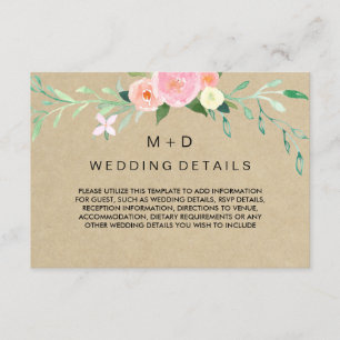 Carte D'accompagnement Détails de réception de mariage floral bohème rust