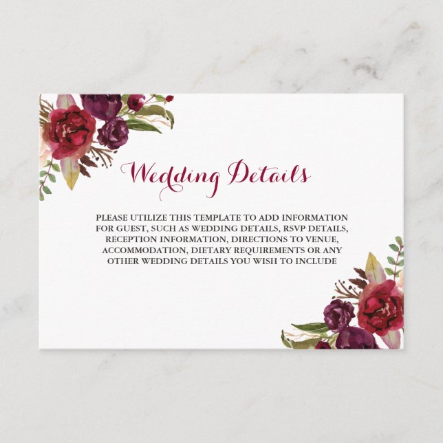 Carte D'accompagnement Détails de réception de mariage floral Bourgogne r (Devant)
