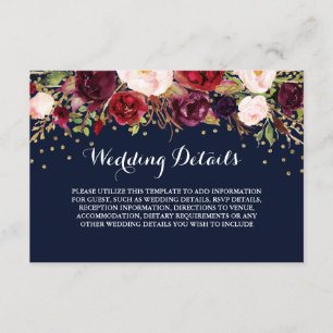 Carte D'accompagnement Détails de réception de mariage Floral Burgundy Na