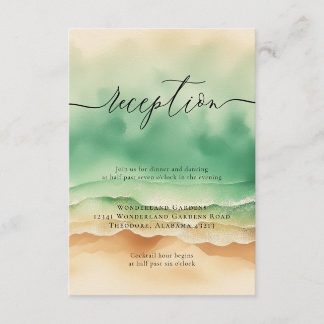 Carte D'accompagnement Détails de réception de mariage vert océan de plag (Devant)