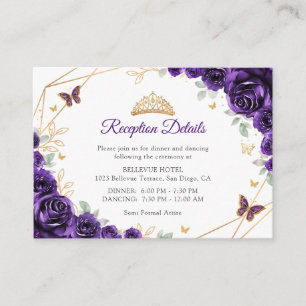 Carte D'accompagnement Détails de réception de Quinceanera florale or vio