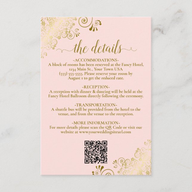 Carte D'accompagnement Détails du code QR du Mariage élégant Blush Pink & (Devant)