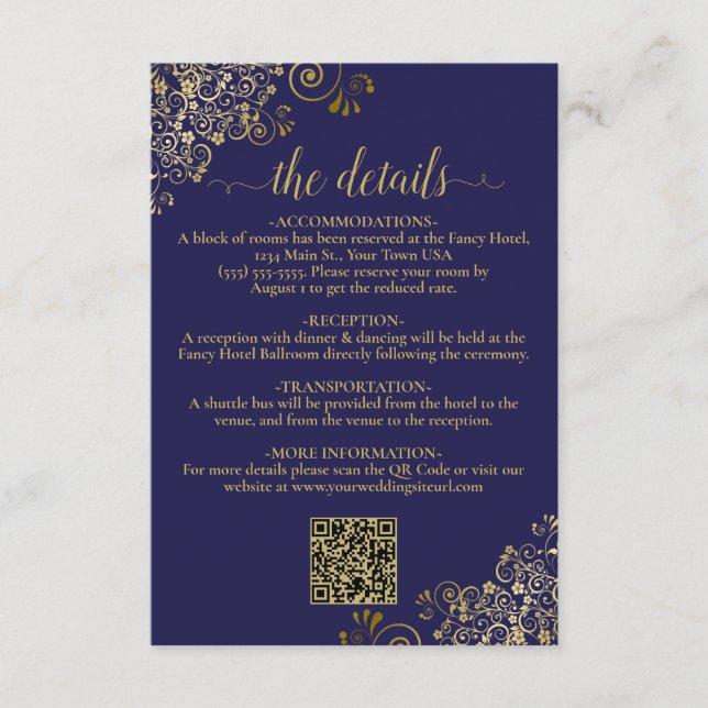 Carte D'accompagnement Détails du code QR Mariage Blue & Gold de la marin (Devant)