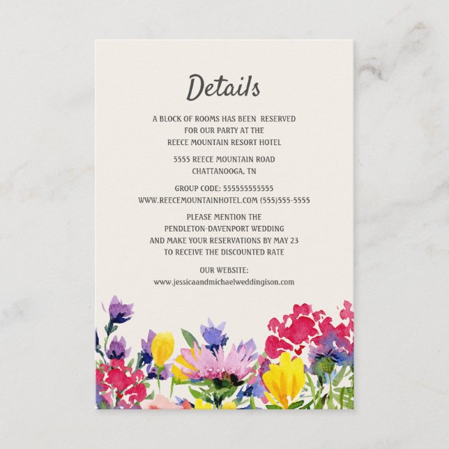 Carte D'accompagnement Détails du mariage Aquarelle Fleurs sauvages Boho  (Devant)