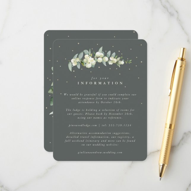 Carte D'accompagnement Détails du mariage avec rameau d'Eucalyptus et nei (Devant/Arrière en situation)