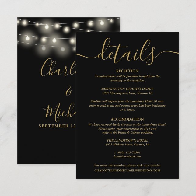 Carte D'accompagnement Détails du Mariage Black And Gold (Devant / Derrière)
