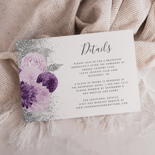 Carte D'accompagnement Détails du Mariage blanc floral en argent violet (Créateur téléchargé)