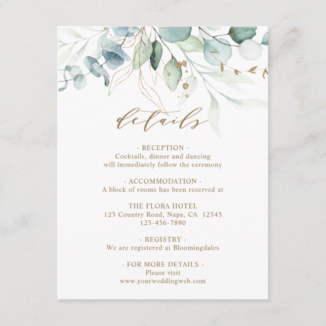 Carte D'accompagnement Détails du Mariage botanique Gold et Green (Devant)
