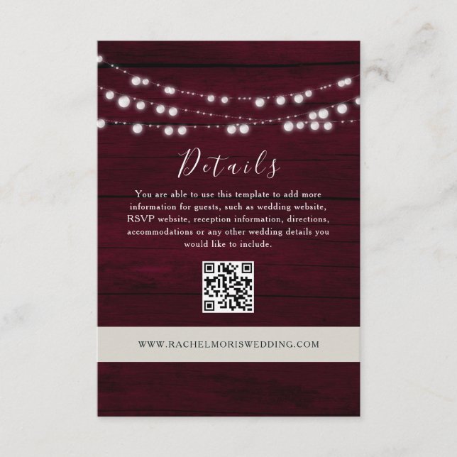 Carte D'accompagnement Détails du Mariage Bourgogne QR Code Website (Devant)