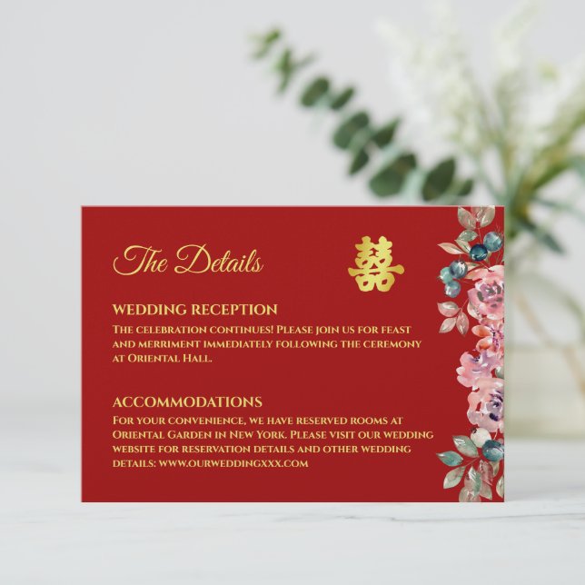Carte D'accompagnement Détails du mariage chinois floral or rouge (Debout devant)