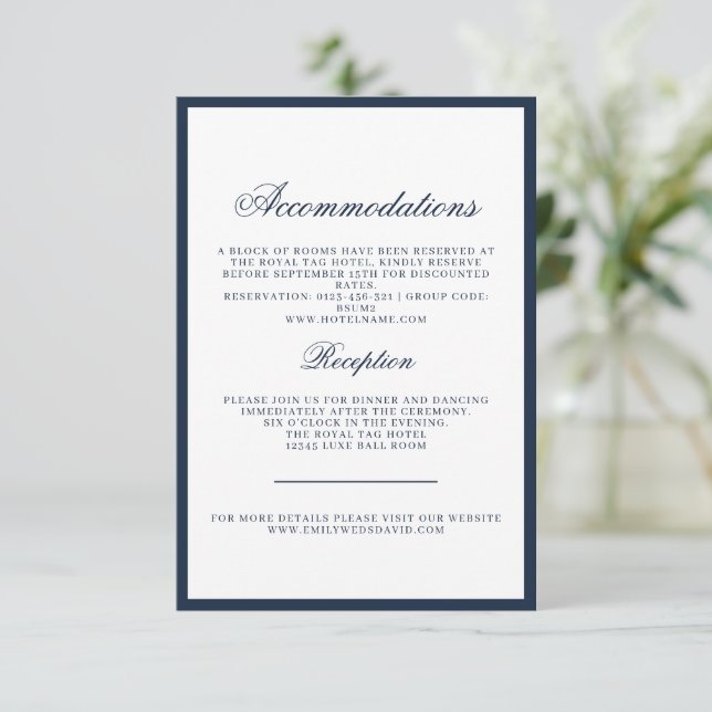 Carte D'accompagnement Détails du mariage classique vintage Navy (Debout devant)