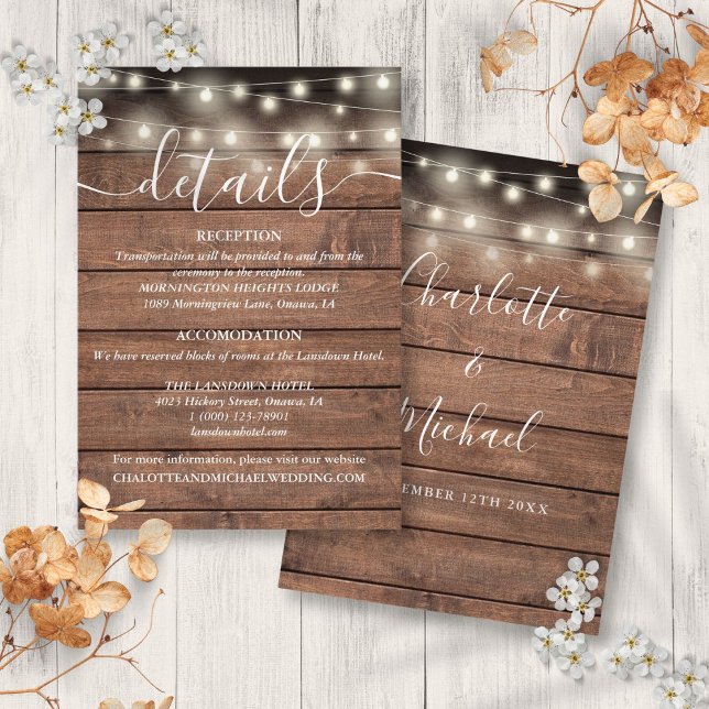 Carte D'accompagnement Détails du Mariage de bois rustique (String Lights Rustic Wood Wedding Details Enclosure Card)