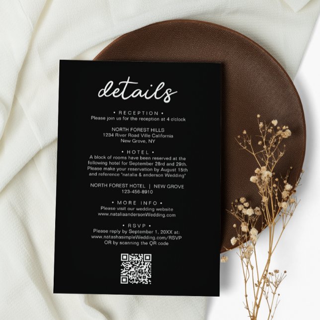 Carte D'accompagnement Détails du Mariage de code QR de script noir simpl (Créateur téléchargé)