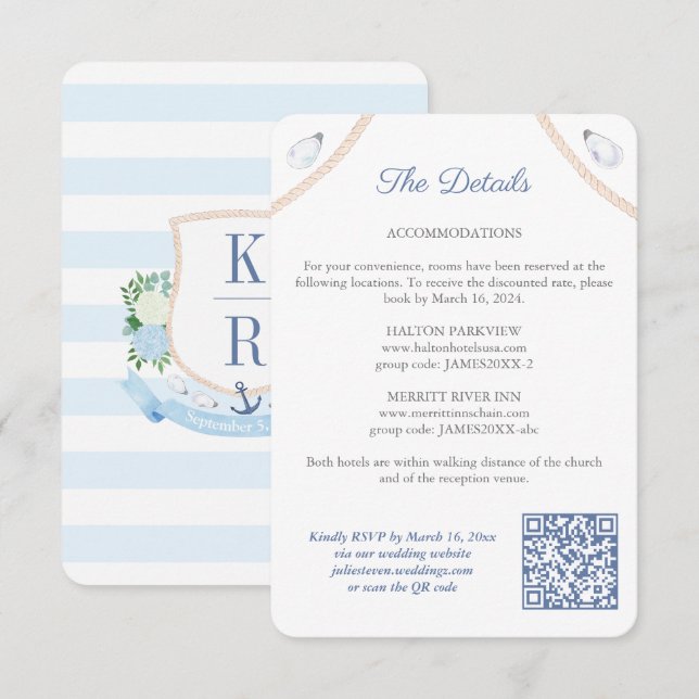 Carte D'accompagnement Détails du Mariage de code QR du monogramme nautiq (Devant / Derrière)