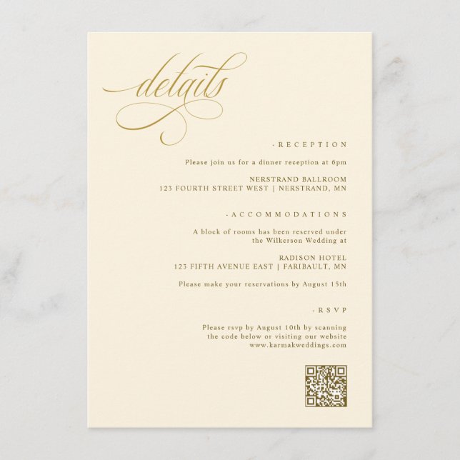 Carte D'accompagnement Détails du Mariage de crème et d'or élégant (Devant)