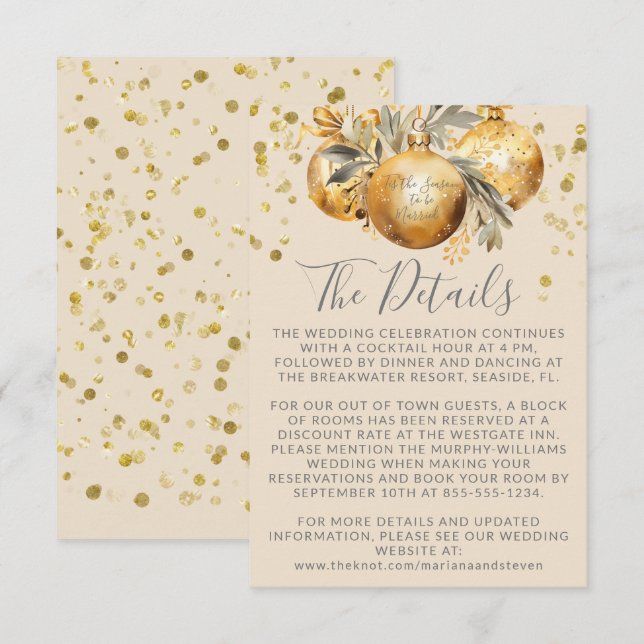 Carte D'accompagnement Détails du Mariage de Noël en beige or (Devant / Derrière)