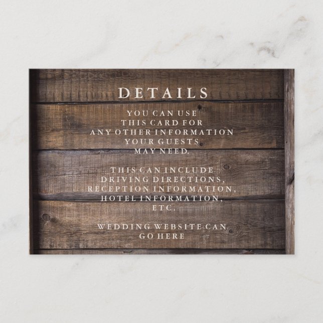 Carte D'accompagnement Détails du Mariage de palette en bois rustique (Devant)