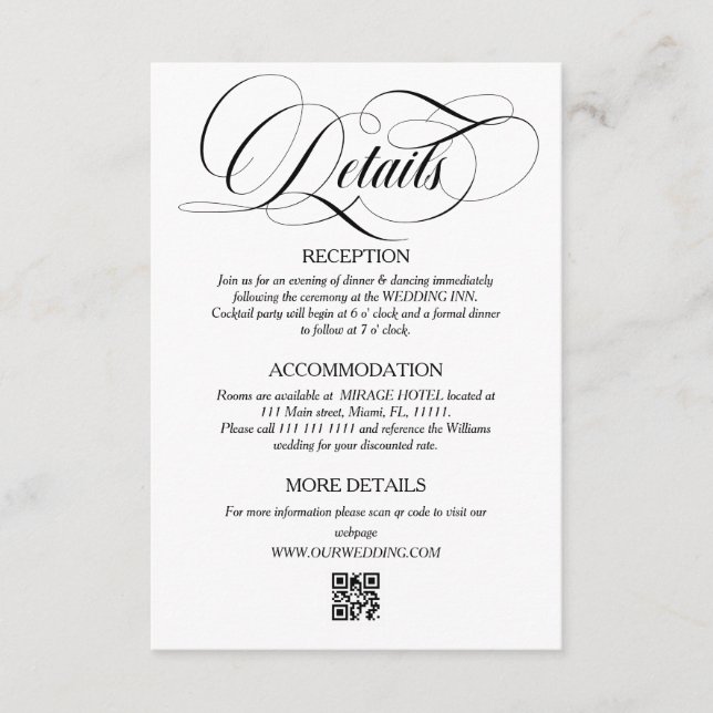 Carte D'accompagnement Détails du Mariage de script élégant blanc et noir (Devant)