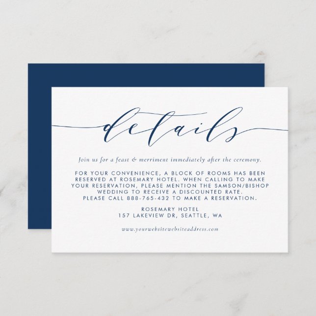 Carte D'accompagnement Détails du Mariage de script minimaliste bleu mari (Devant / Derrière)