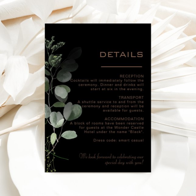 Carte D'accompagnement Détails du Mariage d'eucalyptus minimal noir (Créateur téléchargé)