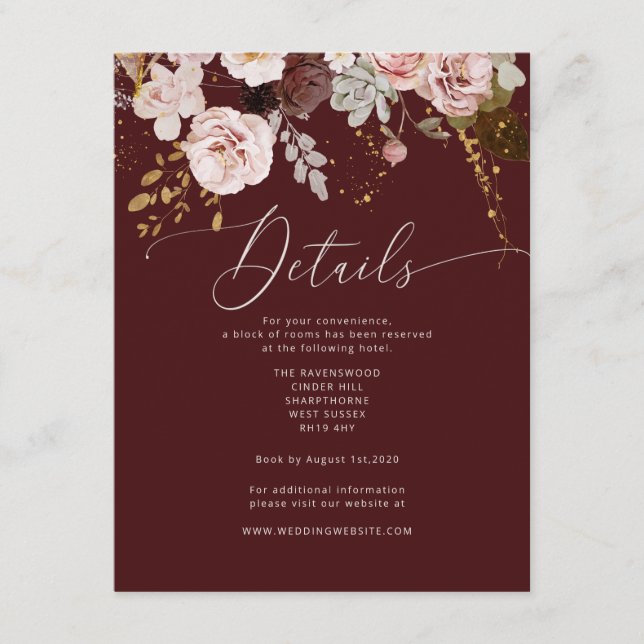 Carte D'accompagnement Détails du mariage d'or bordeaux automne (Devant)