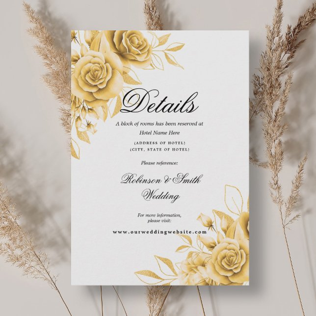 Carte D'accompagnement Détails du Mariage d'or floral romantique (Romantic Floral Gold Wedding Details Enclosure Card)