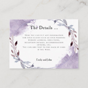 Carte D'accompagnement Détails du Mariage Dreamy Purple Feuille Watercolo