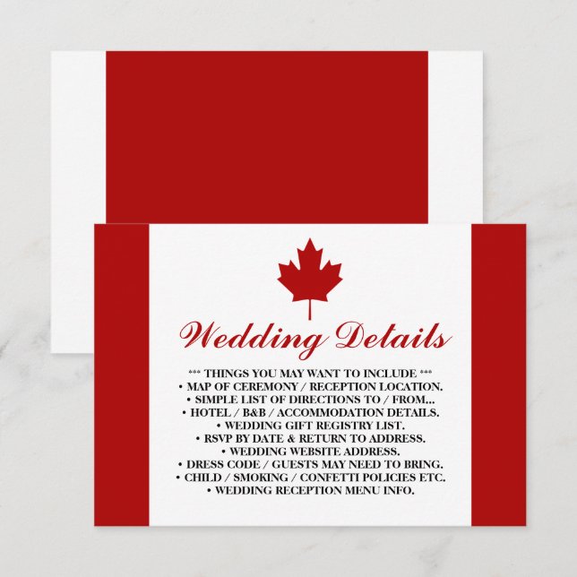 Carte D'accompagnement Détails du Mariage du drapeau canadien (Devant / Derrière)