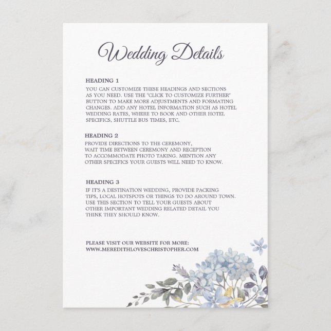 Carte D'accompagnement Détails du Mariage Dusty Blue Florals (Devant)