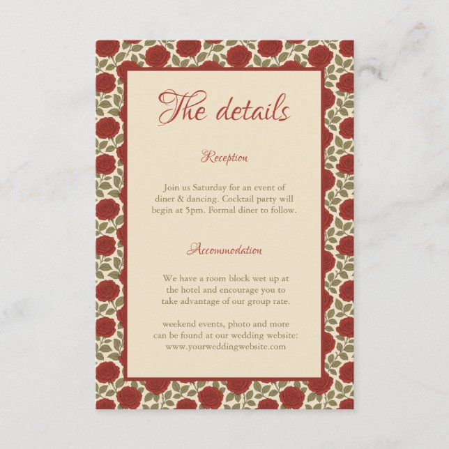Carte D'accompagnement Détails du Mariage Elegant Red Roses (Devant)