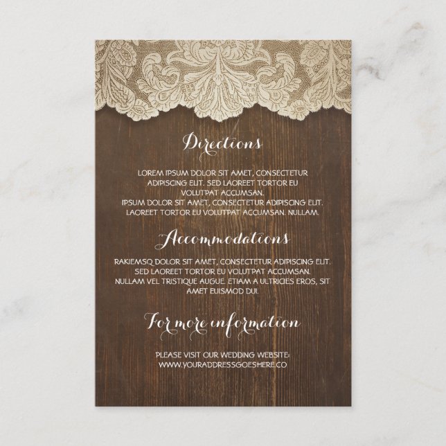 Carte D'accompagnement Détails du Mariage en bois rustique et dentelle -  (Devant)