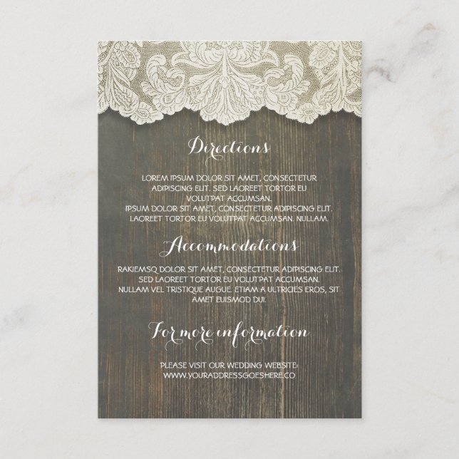 Carte D'accompagnement Détails du Mariage en bois rustique et dentelle -  (Devant)