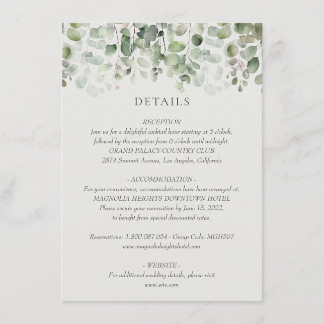 Carte D'accompagnement Détails du Mariage Eucalyptus Sage Green (Devant)