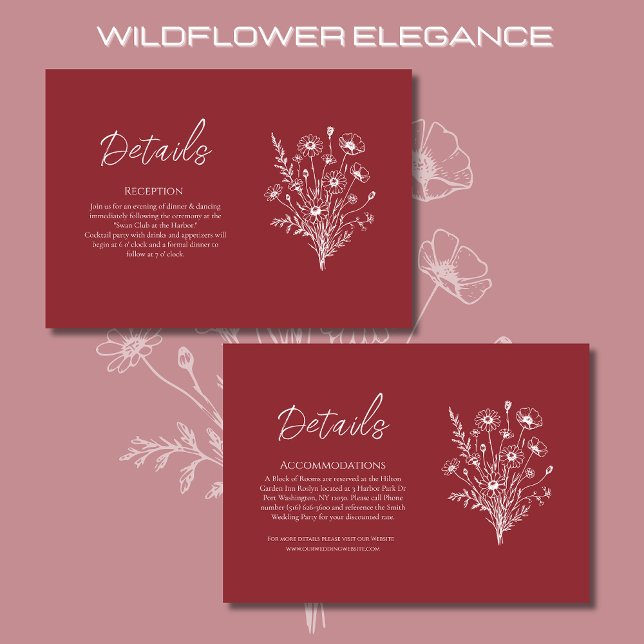Carte D'accompagnement Détails du Mariage fleur sauvage Elegance (Wildflower Elegance Wedding Details Red-Rustic, Country, Bohemian, Boho, Elegant)