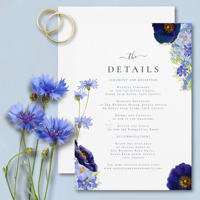 Carte D'accompagnement Détails du Mariage Fleur sauvage élégant (Elegant wildflower watercolor summer floral blue wedding details card with modern typography script)