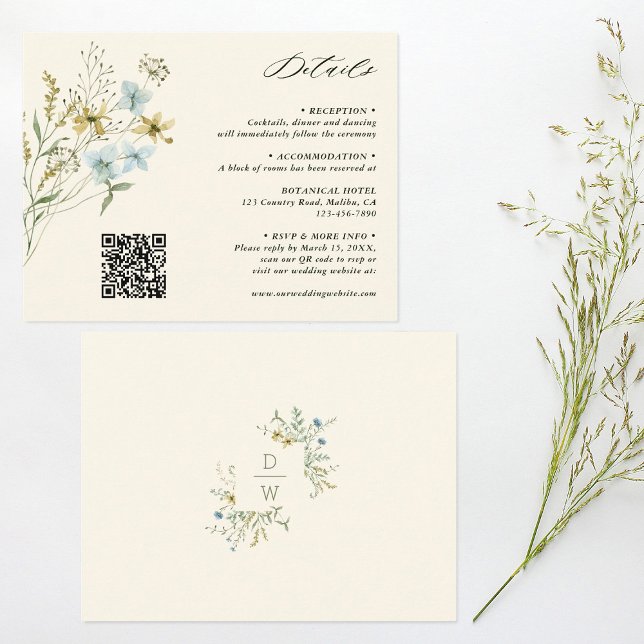 Carte D'accompagnement Détails du Mariage Fleur sauvage ivoire Delicate (Front & Back)