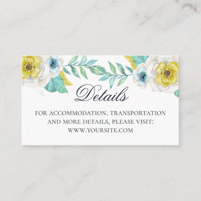 Carte D'accompagnement Détails du mariage floral bleu et jaune d'aquarell (Devant)