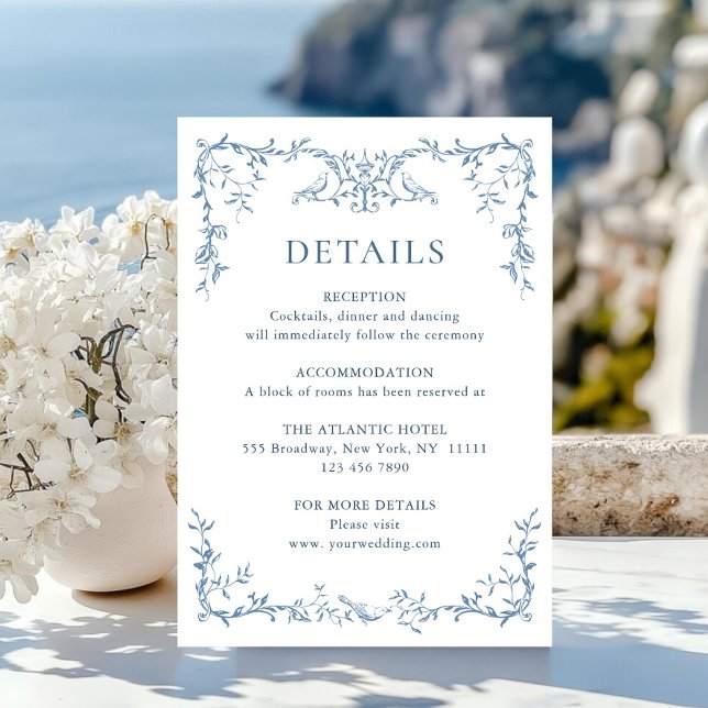 Carte D'accompagnement Détails du Mariage Floral bleu orné victorien (Créateur téléchargé)