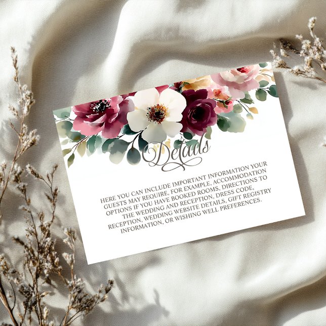 Carte D'accompagnement Détails du Mariage Floral Bourgogne (Créateur téléchargé)