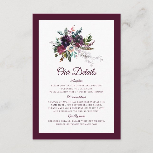 Carte D'accompagnement Détails du Mariage Floral Bourgogne (Devant)