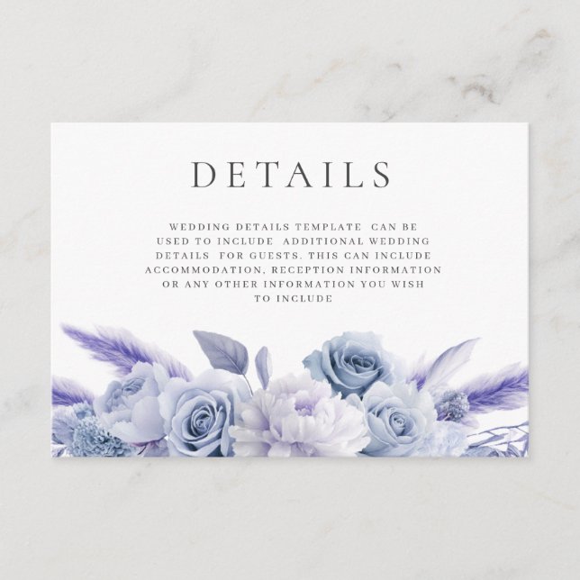Carte D'accompagnement Détails du Mariage Floral Dusty Blue (Devant)