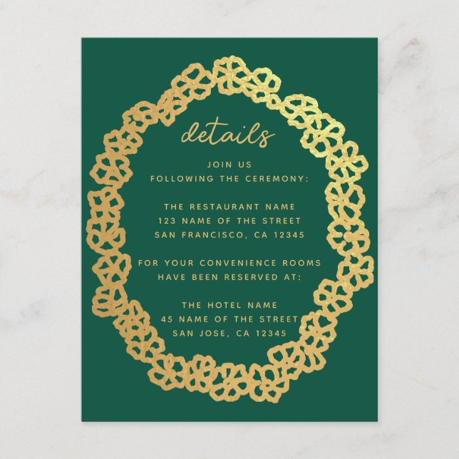 Carte D'accompagnement Détails du Mariage floral Emerald Green Gold Wreat (Devant)