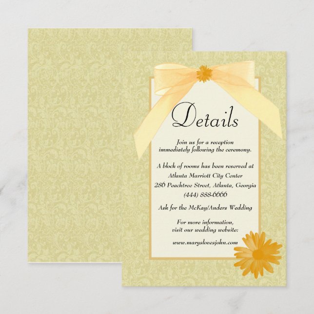 Carte D'accompagnement Détails du Mariage Floral Et Bow Jaune (Devant / Derrière)