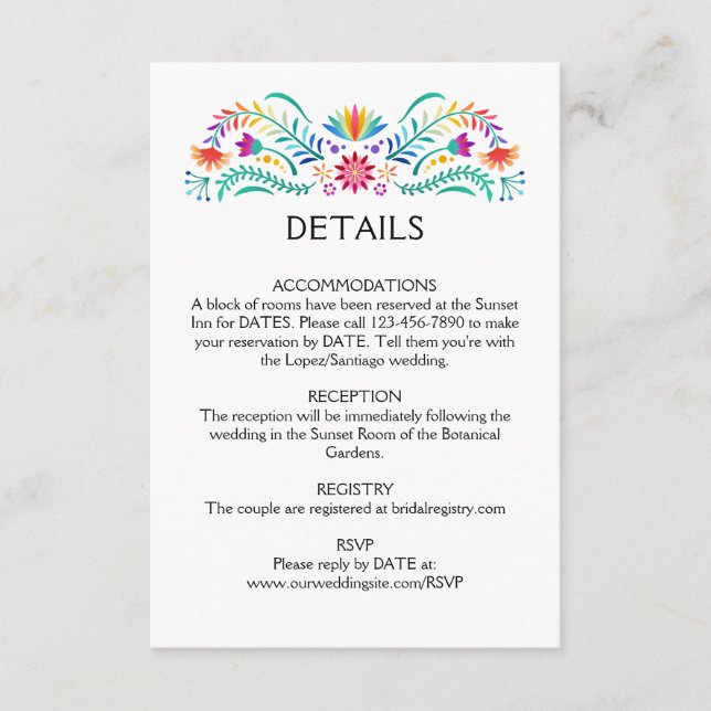 Carte D'accompagnement Détails du Mariage floral Fiesta (Devant)