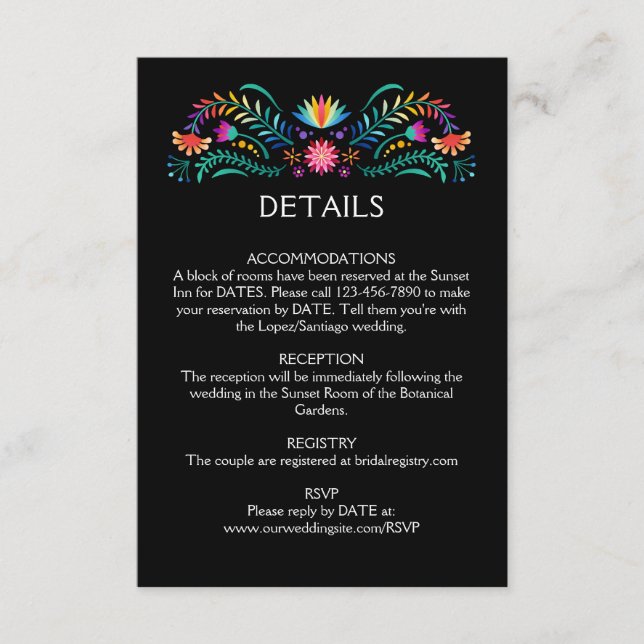 Carte D'accompagnement Détails du Mariage floral Fiesta (Devant)
