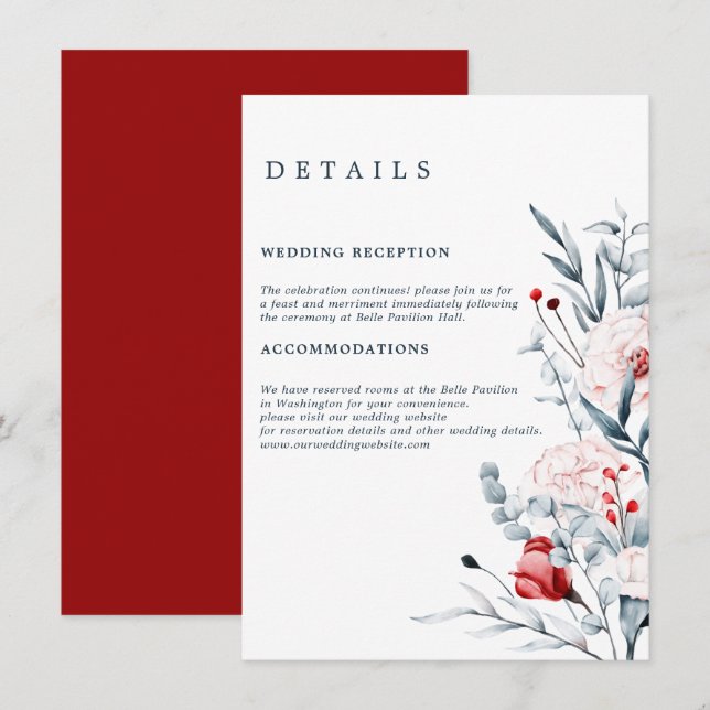 Carte D'accompagnement Détails du Mariage Floral Fleur Rouge Et Bleu (Devant / Derrière)
