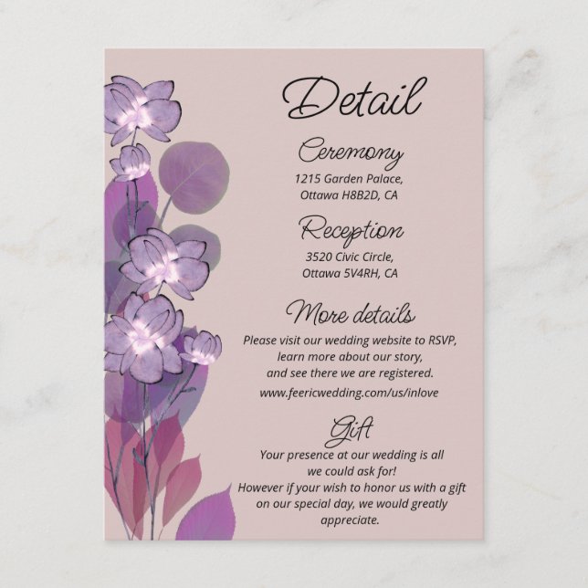Carte D'accompagnement Détails du mariage floral mauve pourpre (Devant)