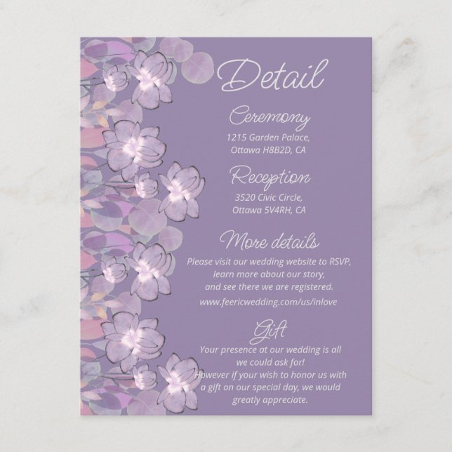 Carte D'accompagnement Détails du mariage floral mauve pourpre (Devant)