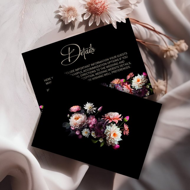 Carte D'accompagnement Détails du Mariage Floral noir (Créateur téléchargé)